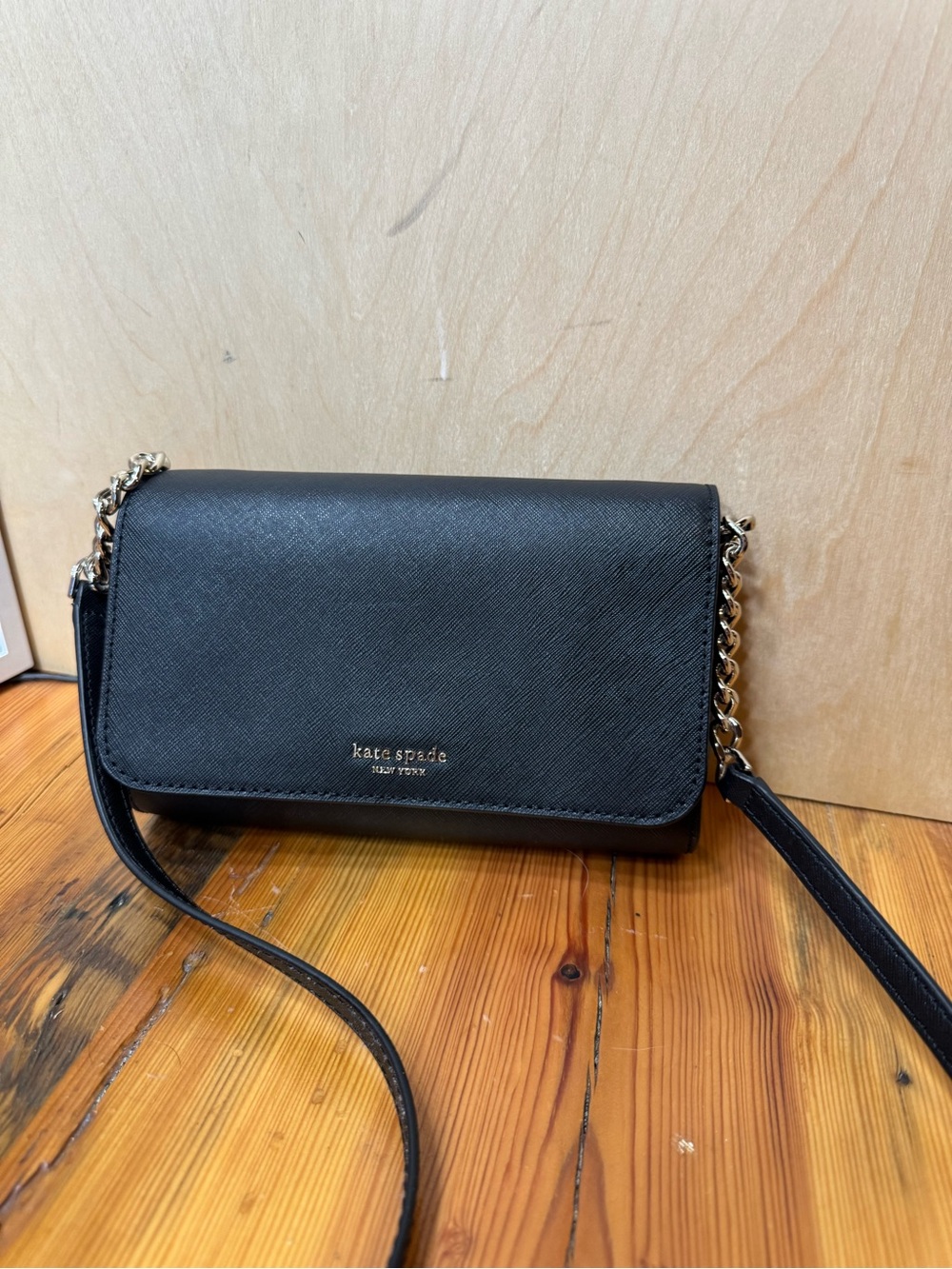 kate spade Black Leather Crossbody with Gold Chain